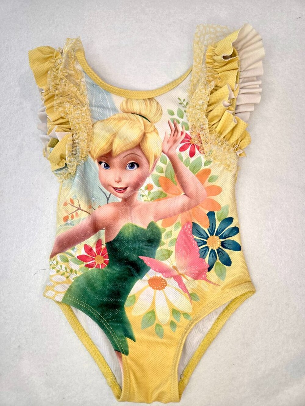 Disney Store Tinker Bell Girls Yellow Ruffle Fairy One Piece Swimsuit Size 2